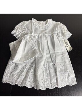 Vintage 90s ALEXIS Baby Girl 24M White Eyelet Christening Baptismal Dress Bonnet